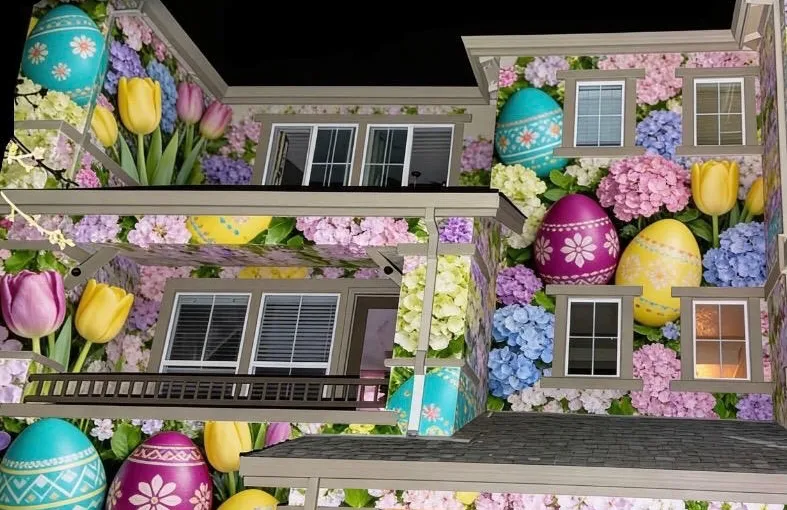 Projection of a beautiful easter egg scene with multi colored easter eggs and beautiful flowers