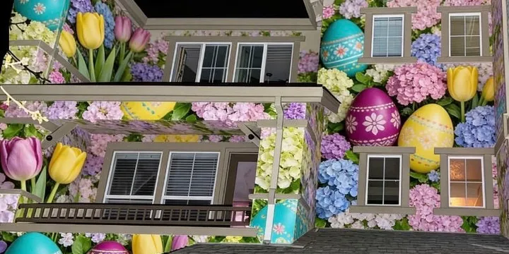 Projection of a beautiful easter egg scene with multi colored easter eggs and beautiful flowers