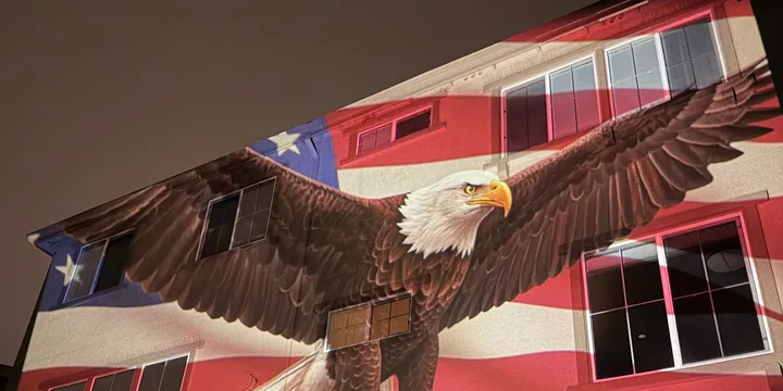 Multi-story building facade projected with a massive bald eagle in flight against a full American flag backdrop of red, white, and blue stripes.