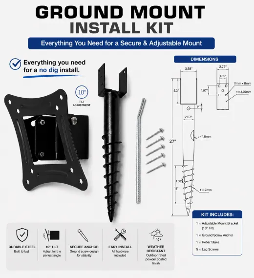 Ground Mount Install Kit — adjustable steel bracket, ground screw anchor, rebar stake, and lag screws