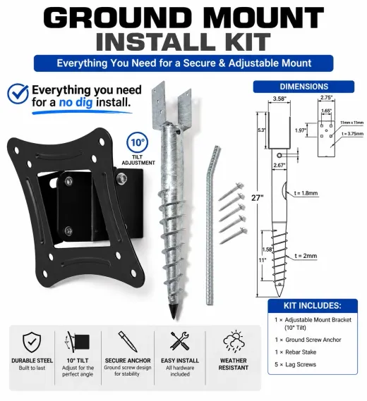 Ground Mount Install Kit — adjustable steel bracket, ground screw anchor, rebar stake, and lag screws