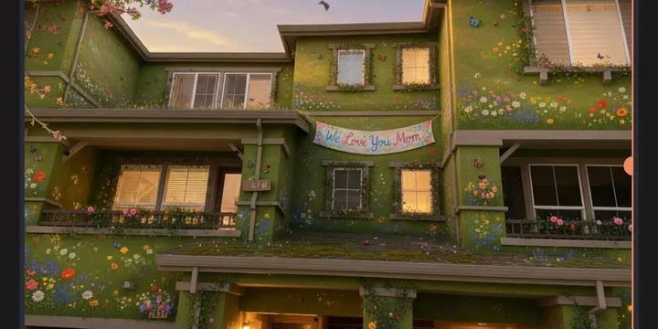 A beautiful garden scene with a mothers day banner displayed along with many different flowers